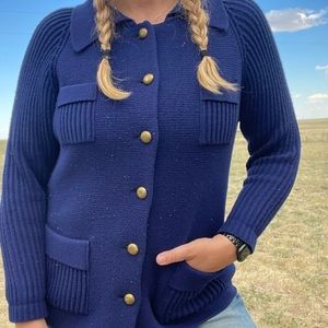 70's Warm HW Made In Korea Indigo Blue Knit Women's Jacket Sweater Size M